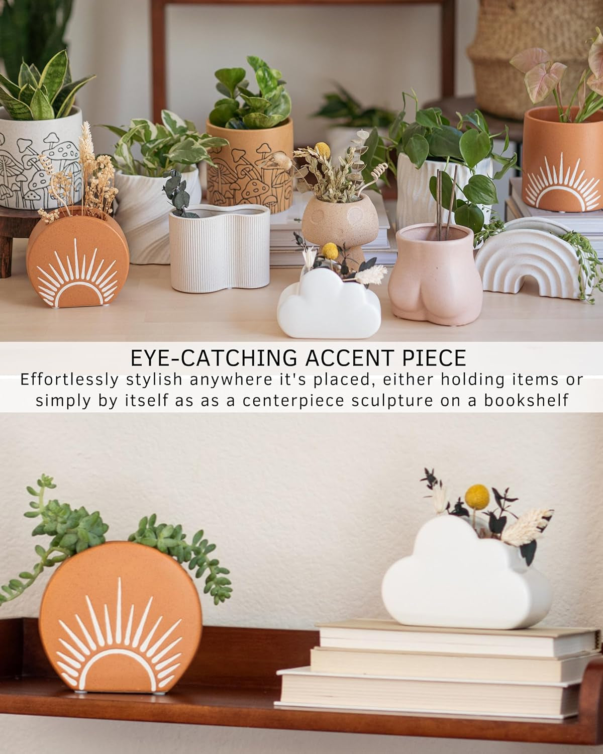 Cloud Decor Planter Hanging Plant Pot, White Ceramic Hanging Pot Adjustable Macrame Rope W/ Drainage Hole, Unique Dreamy Flower Pots for Outdoor, Organic Modern Cute Aesthetic Small Window Planter