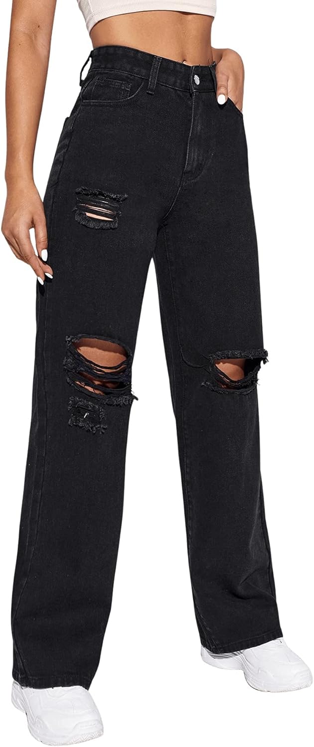 Women's High Waist Slant Pocket Denim Jeans Ripped Straight Leg Pants