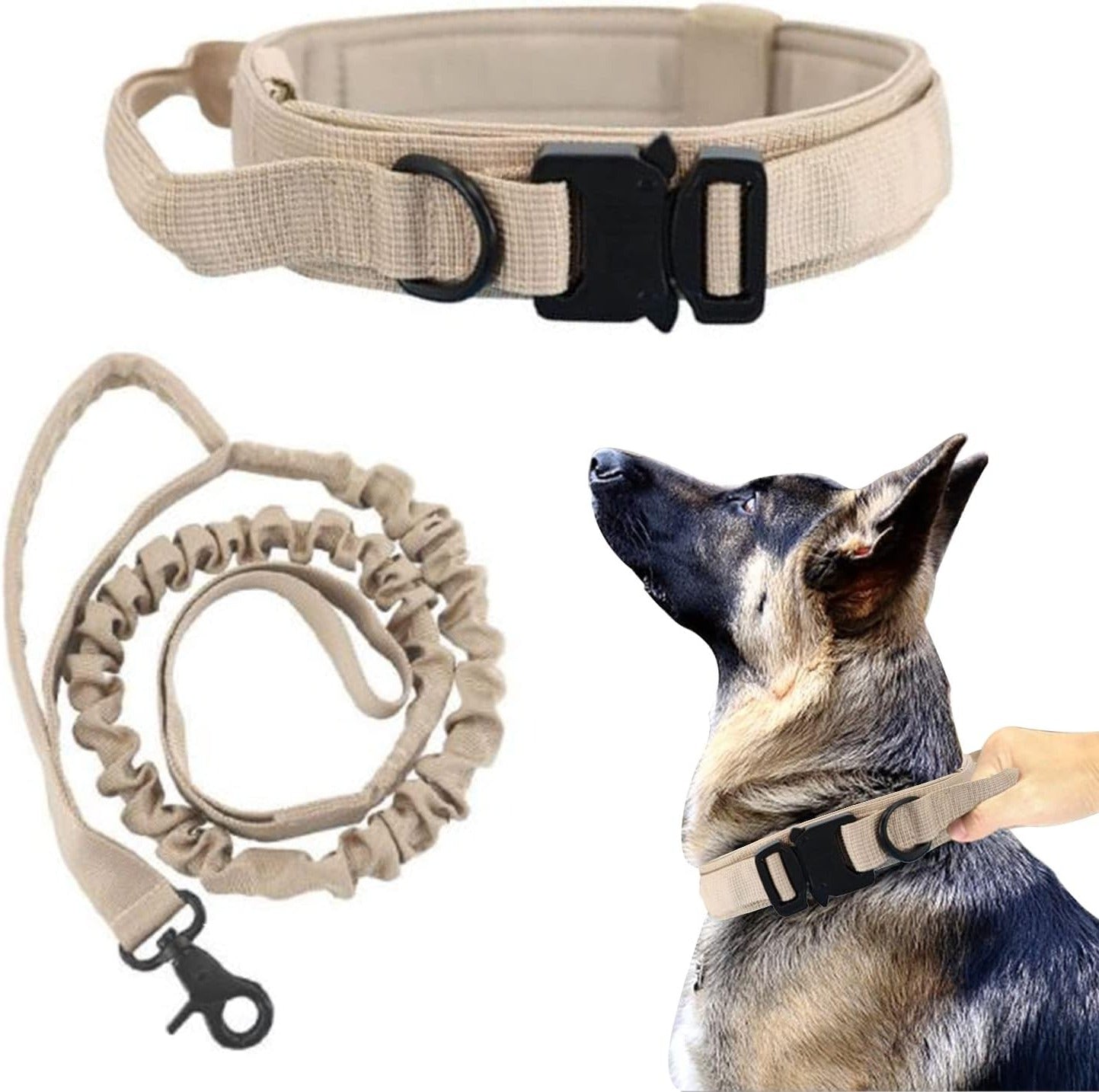 Tactical Dog Collar and Leash Set with Handle Bungee Leash Adjustable Military Training Nylon Collar Dog Training Collar Leash Set with Control Handle and Metal Buckle (M, Khaki-Set)