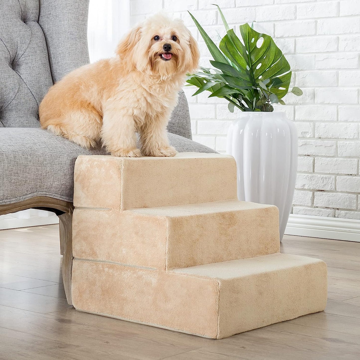 Foam 13 Inch 2-Step Step Pet Stairs / Pet Ramp for Cats and Dogs, Extra Small, Beige