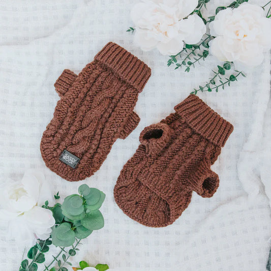 Brown - Modern Dog Cable Knit Sweater