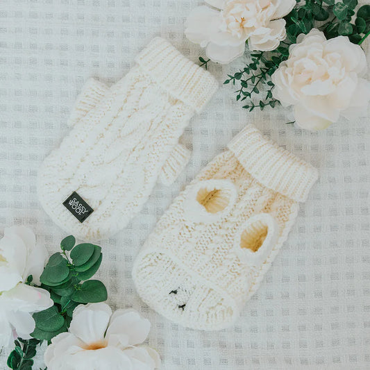 White - Modern Dog Cable Knit Sweate