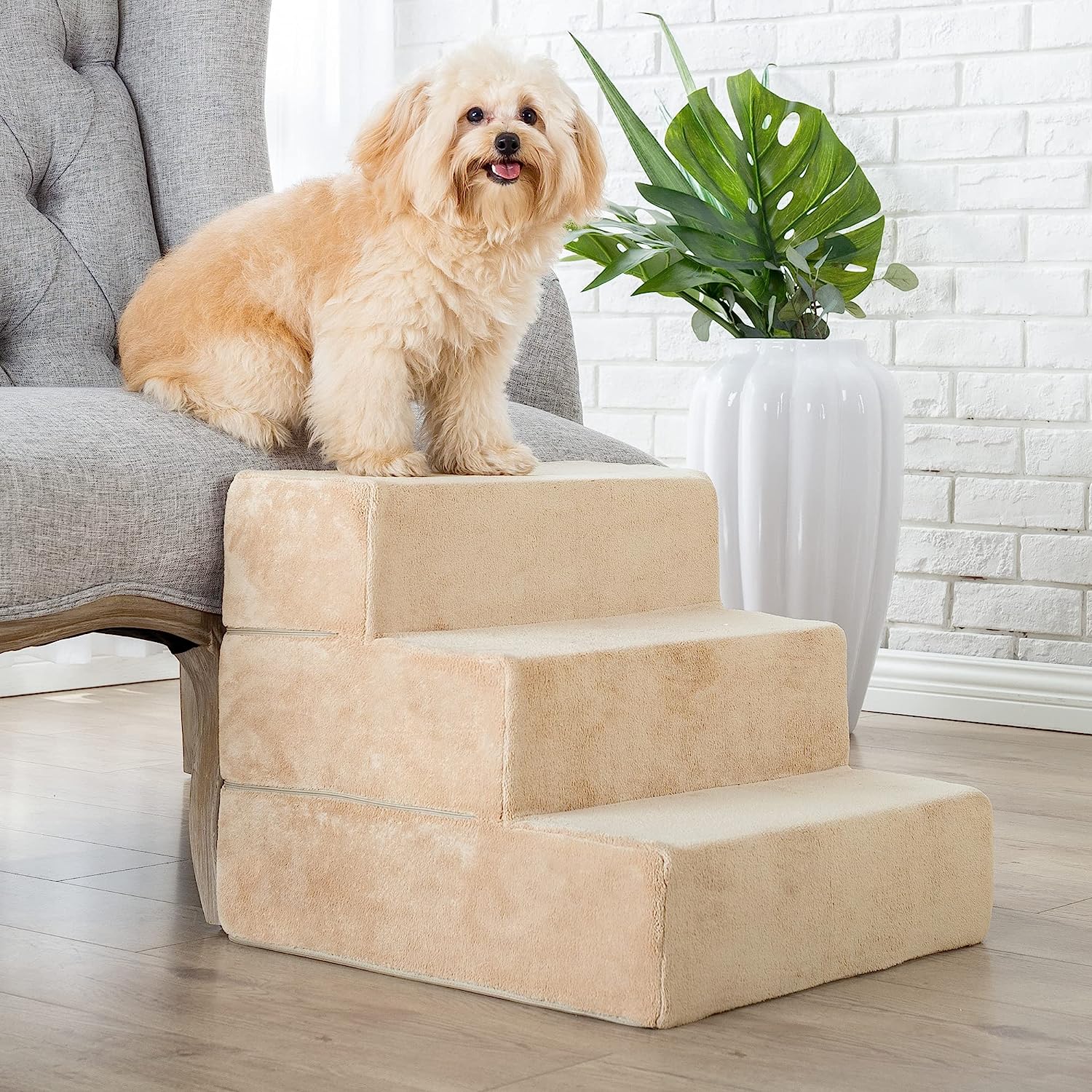 Foam 13 Inch 2-Step Step Pet Stairs / Pet Ramp for Cats and Dogs, Extra Small, Beige
